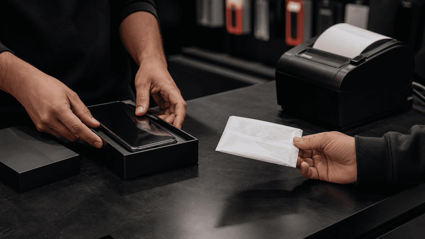 Mãos preparando um smartphone e seu comprovante para entrega ao cliente